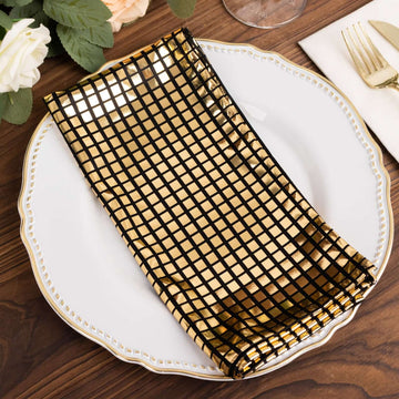 5 Pack Polyester 20"x20" Napkins Black with Refelective Gold Foil for Luxe Events & Retro Themes