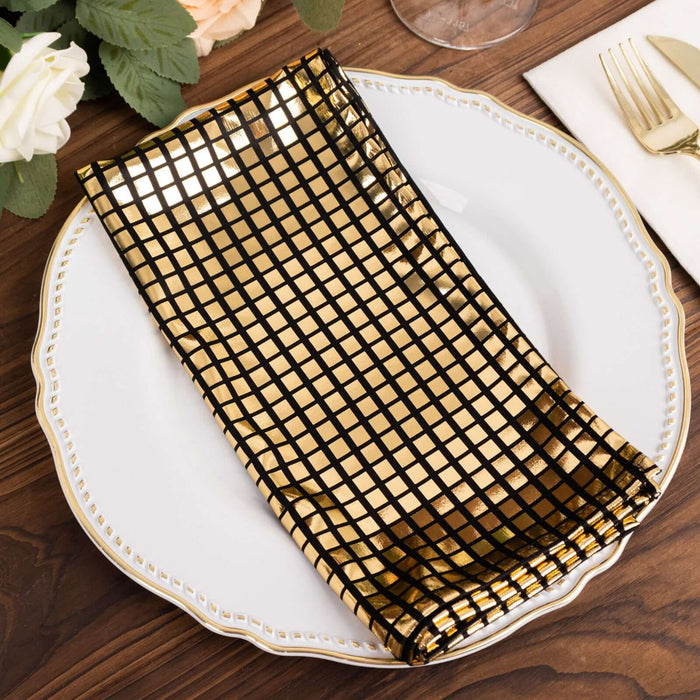 5 Pack Shiny Black Gold Foil Cloth Dinner Napkins Disco Mirror Ball Theme, Polyester Table Napkins