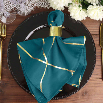 5 Pack Polyester 20"x20" Napkins Peacock Teal with Gold Geometric Foil Pattern - Modern Reusable Dinner Napkins