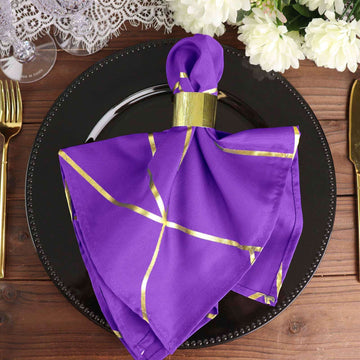 5 Pack Polyester 20"x20" Napkins Purple with Gold Geometric Foil Pattern - Modern Reusable Dinner Napkins