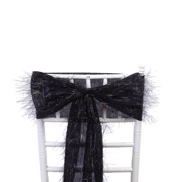 5 Pack Polyester Chair Sashes Black Metallic Tinsel Fringe - Easy to Use Chair Bows 6"x108"