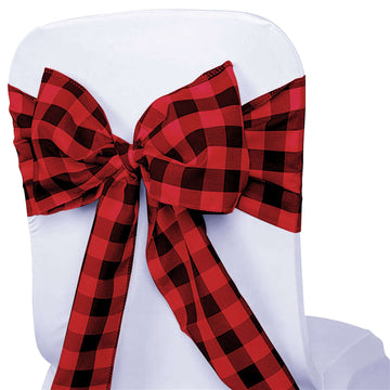 5 Pack Polyester Chair Sashes Black/Red Buffalo Plaid - Durable & Reusable Chair Bows 6"x108"