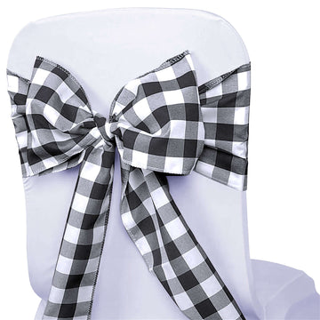 5 Pack Polyester Chair Sashes Black/White Buffalo Plaid - Durable & Reusable Chair Bows for Rustic Farmhouse Party Decor 6"x108"