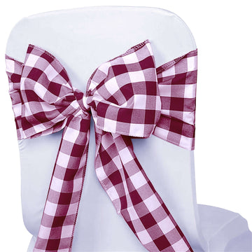 5 Pack Polyester Chair Sashes Burgundy/White Buffalo Plaid - Durable & Reusable Chair Bows 6"x108"