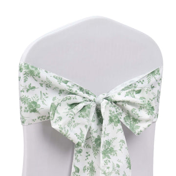 5 Pack Polyester Chair Sashes Dusty Sage Green French Toile Floral Design - Stylish Durable and Reusable Chair Bows 6"x108"