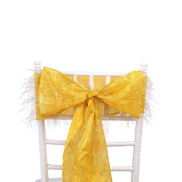 5 Pack Polyester Chair Sashes Gold Metallic Tinsel Fringe - Easy to Use Sparkly Chair Bows 6"x108"