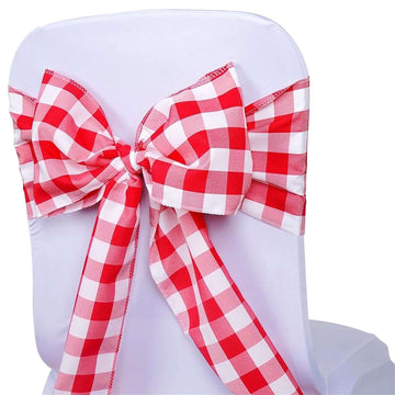 5 Pack Polyester Chair Sashes Red/White Buffalo Plaid - Durable & Reusable Chair Bows 6"x108"