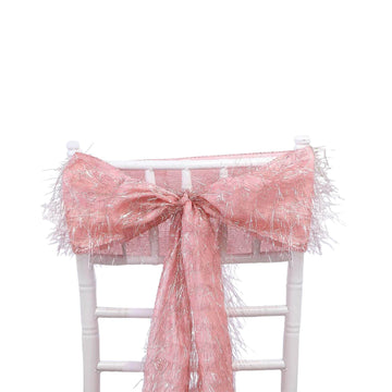 5 Pack Polyester Chair Sashes Rose Gold Metallic Tinsel Fringe - Easy to Use Chair Bows 6"x108"