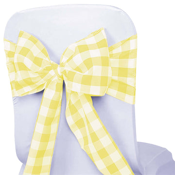 5 Pack Polyester Chair Sashes Yellow/White Buffalo Plaid - Durable & Reusable Chair Bows 6"x108"