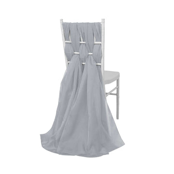 5 Pack Premium Chiffon Chair Sashes SIlver - Soft & Lightweight Designer Chair Bows 22"x78"