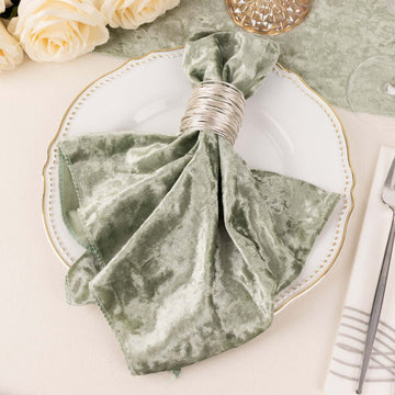 5 Pack Premium Crushed Velvet 20"x20" Napkins Sage Green - Rich & Textured Finish Dinner Napkins