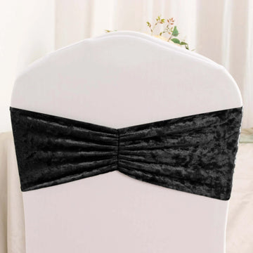 5 Pack Premium Crushed Velvet Chair Sashes Black Ruffle Style - Wrinkle-Free Textured Stretch Chair Bands