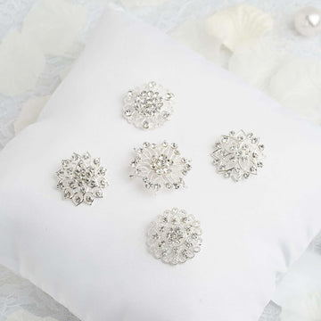 5 Pack Rhinestone Brooches Silver Plated with Mandala Crystal - Lustrous Floral Pins for Wedding Bouquets & Events