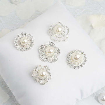 5 Pack Rhinestone Brooches Silver Plated with Pearl Center - Radiant Floral Pins for Wedding Bouquets & Events