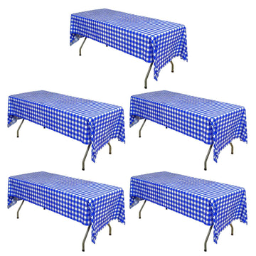 5-Pack Plastic Table Covers Royal Blue Checkered Rectangle - Durable PVC Disposable Covers for Events 54"x108"