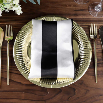 5 Pack Satin 20"x20" Napkins Black/White - Striped Reusable Dinner Napkins for Formal & Casual Dining