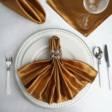 5 Pack Satin 20"x20" Napkins Gold - Luxurious Shine & Smooth Dinner Napkins for Upscale Events