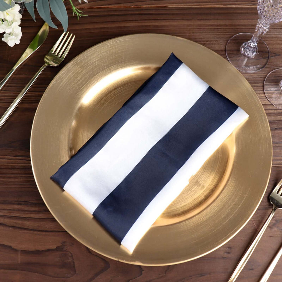 5 Pack | Navy & White Striped Satin Cloth Dinner Napkins | 20x20Inch