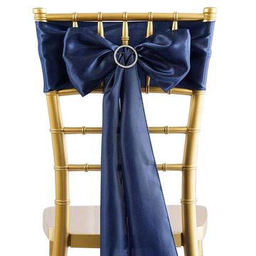 5 Pack Satin Chair Sashes Navy Blue - Durable Chair Bows with Shiny Finish 6"x106"