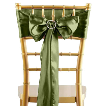 5 Pack Satin Chair Sashes Olive Green - Durable Chair Bows with Shiny Finish 6"x106"