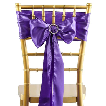 5 Pack Satin Chair Sashes Purple - Durable Chair Bows with Shiny Finish 6"x106"