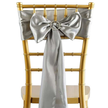 5 Pack Satin Chair Sashes Silver - Durable Chair Bows with Shiny Finish 6"x106"