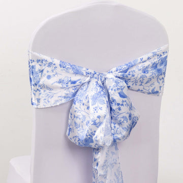 5 Pack Satin Chair Sashes White/Blue French Toile Floral Pattern - Wrinkle-Resistant & Reusable Chair Bows for Effortless Event Setup 6"x108"