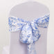 5 Pack White Blue Satin Chair Sashes in French Toile Floral Pattern