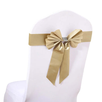 5 Pack Satin Faux Leather Chair Sashes Champagne - Durable Double Sided Pre-tied Bow Tie Chair Bands with Diamond Rhinestone Buckles