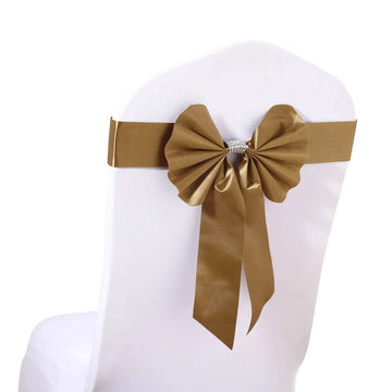 5 Pack Satin Faux Leather Chair Sashes Gold - Durable Double Sided Pre-tied Bow Tie Chair Bands with Diamond Rhinestone Buckles Luxurious Party Decor