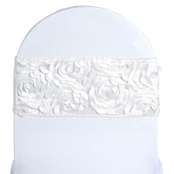 5 Pack Satin Spandex Chair Sashes White - Exquisite Rosette Design Stretch Chair Bands 6"x14"