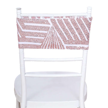 5 Pack Sequin Spandex Chair Sash White with Rose Gold Geometric Diamond Glitz Pattern - Durable & Easy To Use Stretchable Chair Bands