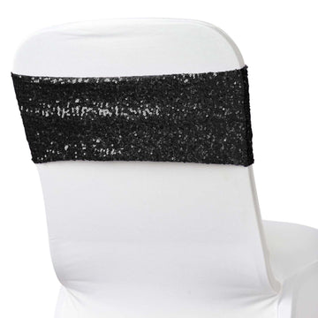 5 Pack Sequin Spandex Chair Sashes Black - Sparkly Stretch Chair Bands for Glamorous Events 6"x15"