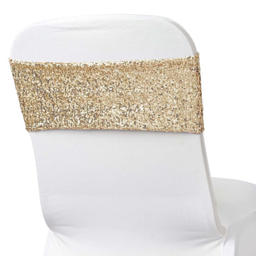 5 Pack Sequin Spandex Chair Sashes Champagne - Stretch Chair Bands 6"x15"