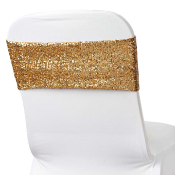 5 Pack Sequin Spandex Chair Sashes Gold - Sparkly Stretch Chair Bands for Glamorous Events 6"x15"