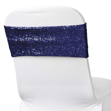 5 Pack Sequin Spandex Chair Sashes Navy Blue - Stretch Chair Bands 6"x15"