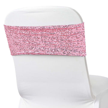 5 Pack Sequin Spandex Chair Sashes Pink - Stretch Chair Bands 6"x15"