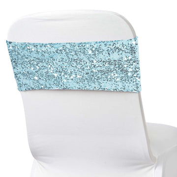 5 Pack Sequin Spandex Chair Sashes Serenity Blue - Stretch Chair Bands 6"x15"