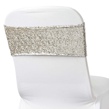 5 Pack Sequin Spandex Chair Sashes Silver - Stretch Chair Bands 6"x15"