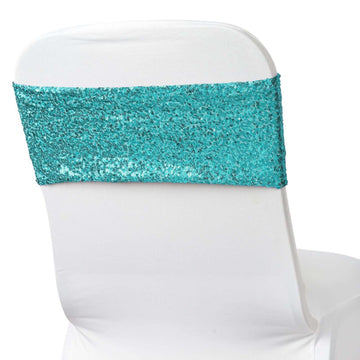 5 Pack Sequin Spandex Chair Sashes Turquoise - Stretch Chair Bands 6"x15"