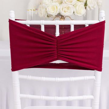 5 Pack Spandex Chair Sashes Burgundy Ruffled Style - Wide Easy to Use Stretch Chair Bands 8"x13"