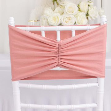 5 Pack Spandex Chair Sashes Dusty Rose Ruffled Style - Wide Easy to Use Stretch Chair Bands 8"x13"