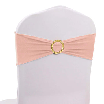 5 Pack Spandex Chair Sashes Dusty Rose with Gold Rhinestone Buckles - Reusable Four-Way Stretch Sash Bands 5"x14"