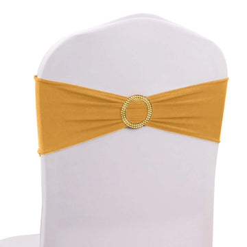 5 Pack Spandex Chair Sashes Gold with Gold Rhinestone Buckles - Reusable Four-Way Stretch Sash Bands for Classy & Effortless Wedding & Party Decor 5"x14"