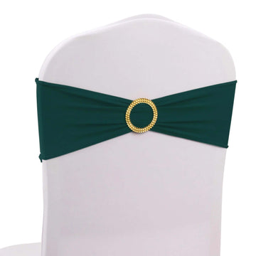 5 Pack Spandex Chair Sashes Hunter Emerald Green with Gold Rhinestone Buckles - Reusable Four-Way Stretch Sash Bands 5"x14"