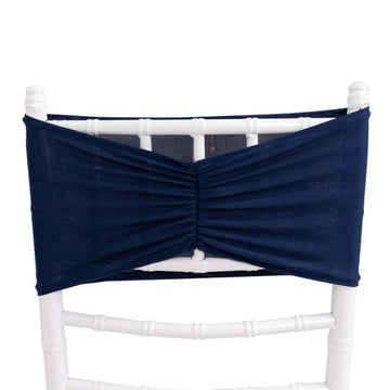 5 Pack Spandex Chair Sashes Navy Blue Ruffled Style - Wide Easy to Use Stretch Chair Bands 8"x13"