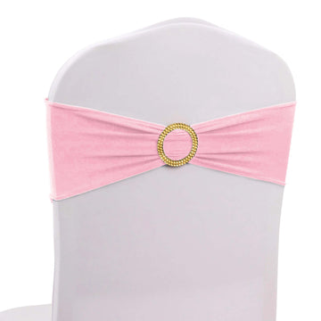 5 Pack Spandex Chair Sashes Pink with Gold Rhinestone Buckles - Reusable Four-Way Stretch Sash Bands 5"x14"