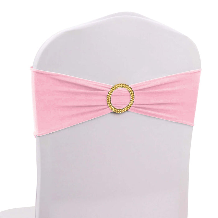 5 Pack Pink Spandex Chair Sashes with Gold Diamond Buckles, Elegant Stretch Chair Bands and Slide