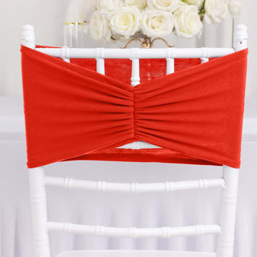 5 Pack Spandex Chair Sashes Red Ruffled Style - Wide Easy to Use Stretch Chair Bands 8"x13"