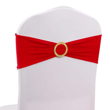 5 Pack Spandex Chair Sashes Red with Gold Rhinestone Buckles - Reusable Four-Way Stretch Sash Bands 5"x14"